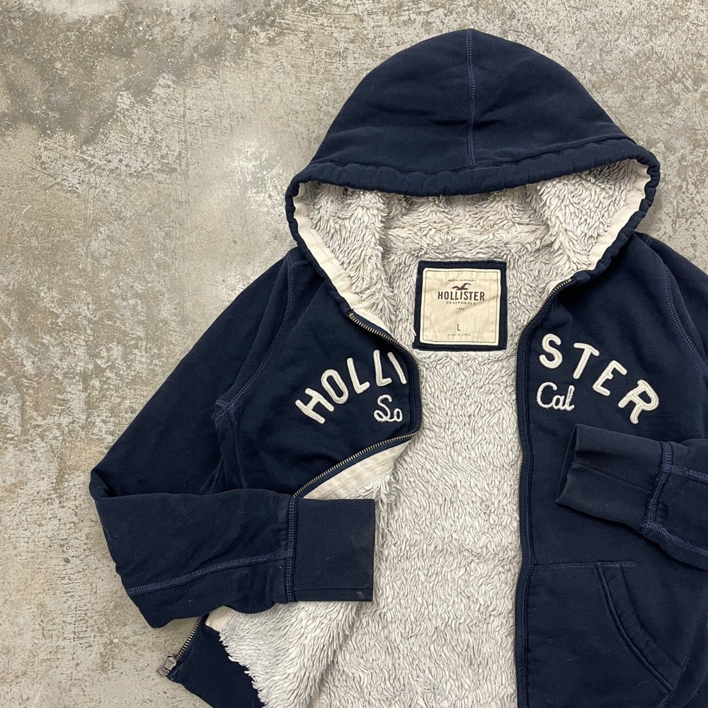 Hollister So Cal Navy Blue Sherpa Lined Full Zip Hoodie Womens Large - Picture 2 of 8